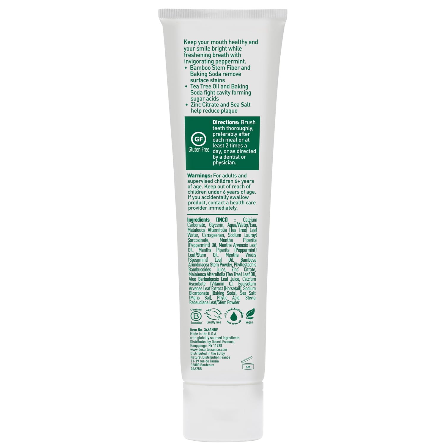 Dentifrice Desert Essence Menthe Tea Tree – lutte contre les plaques pour une hygiène quotidienne.