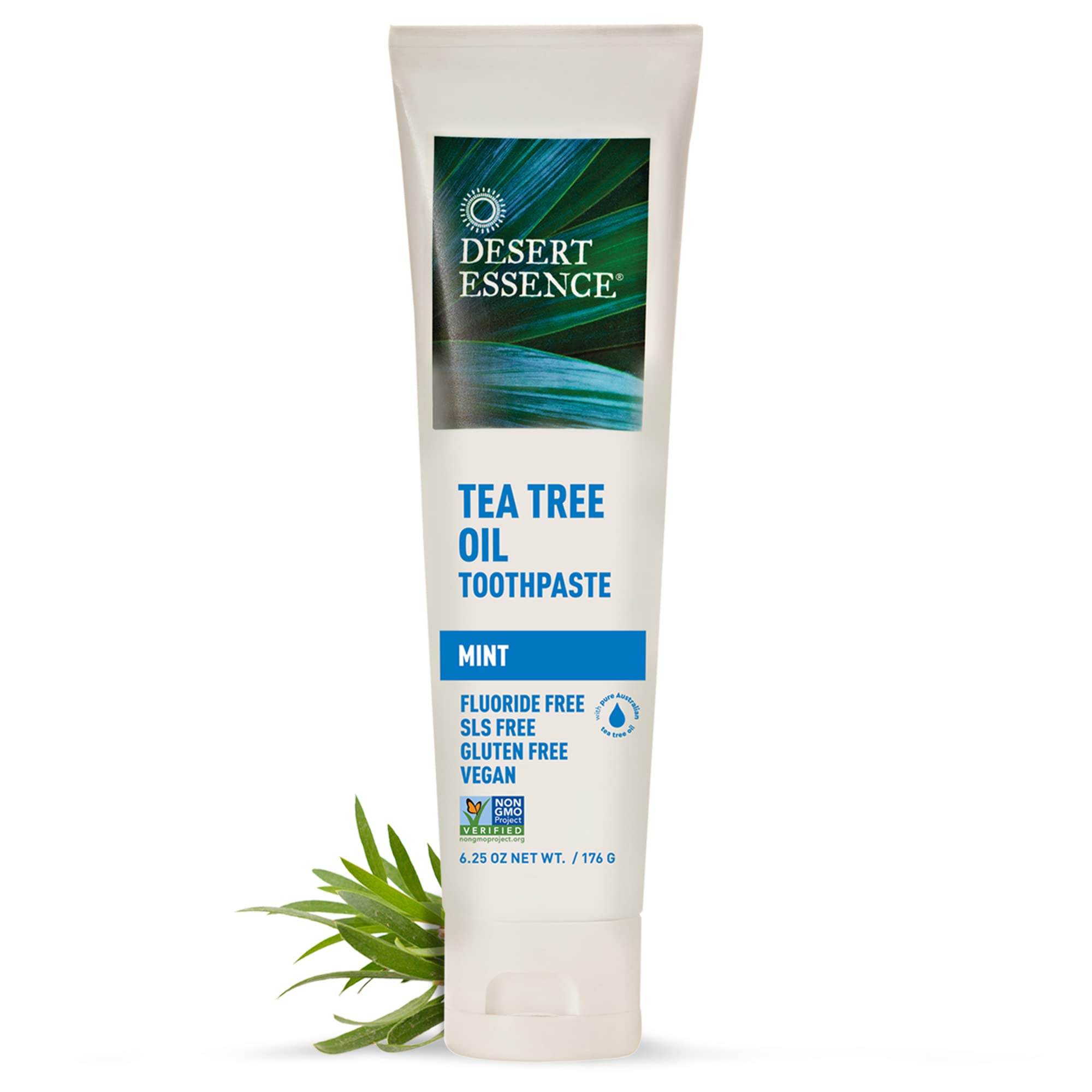 Desert Essence dentifrice huile arbre thé menthe – tube ouvert révèle la pâte crémeuse.