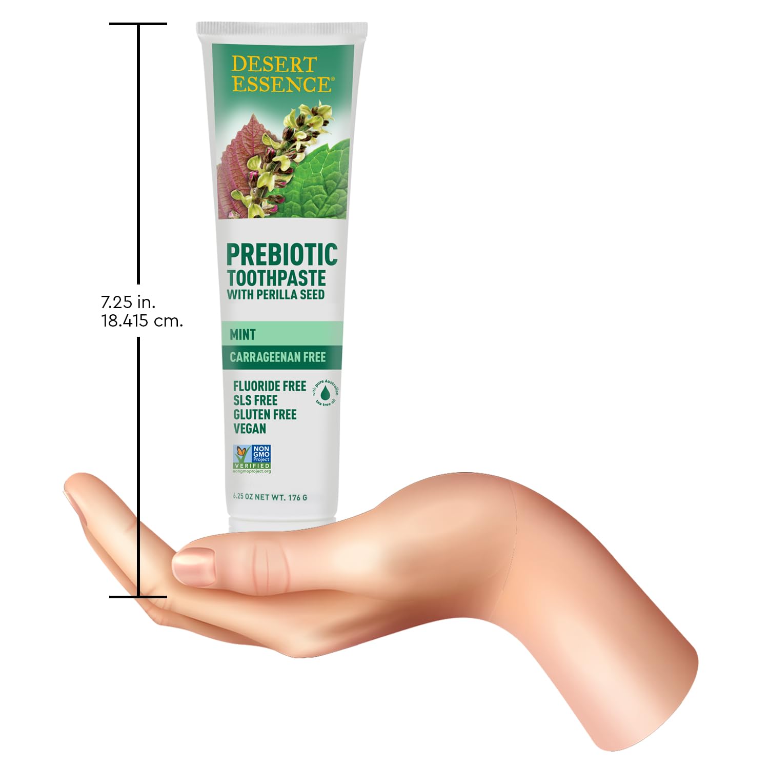 Desert Essence dentifrice prébiotique menthe — emballage éco-responsable, sans cruauté et sans gluten.