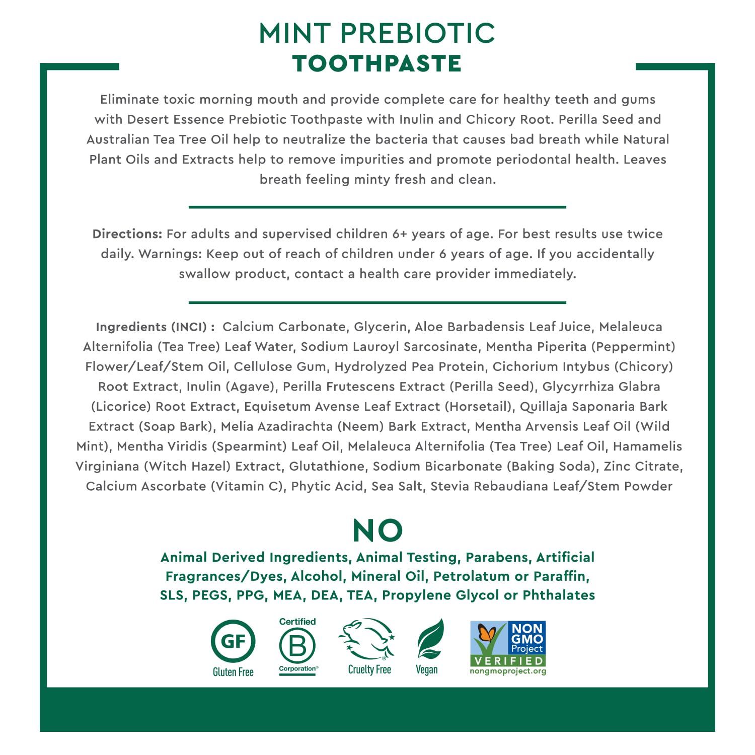 Desert Essence dentifrice prébiotique menthe — inuline et fibre buccale soutiennent la routine.