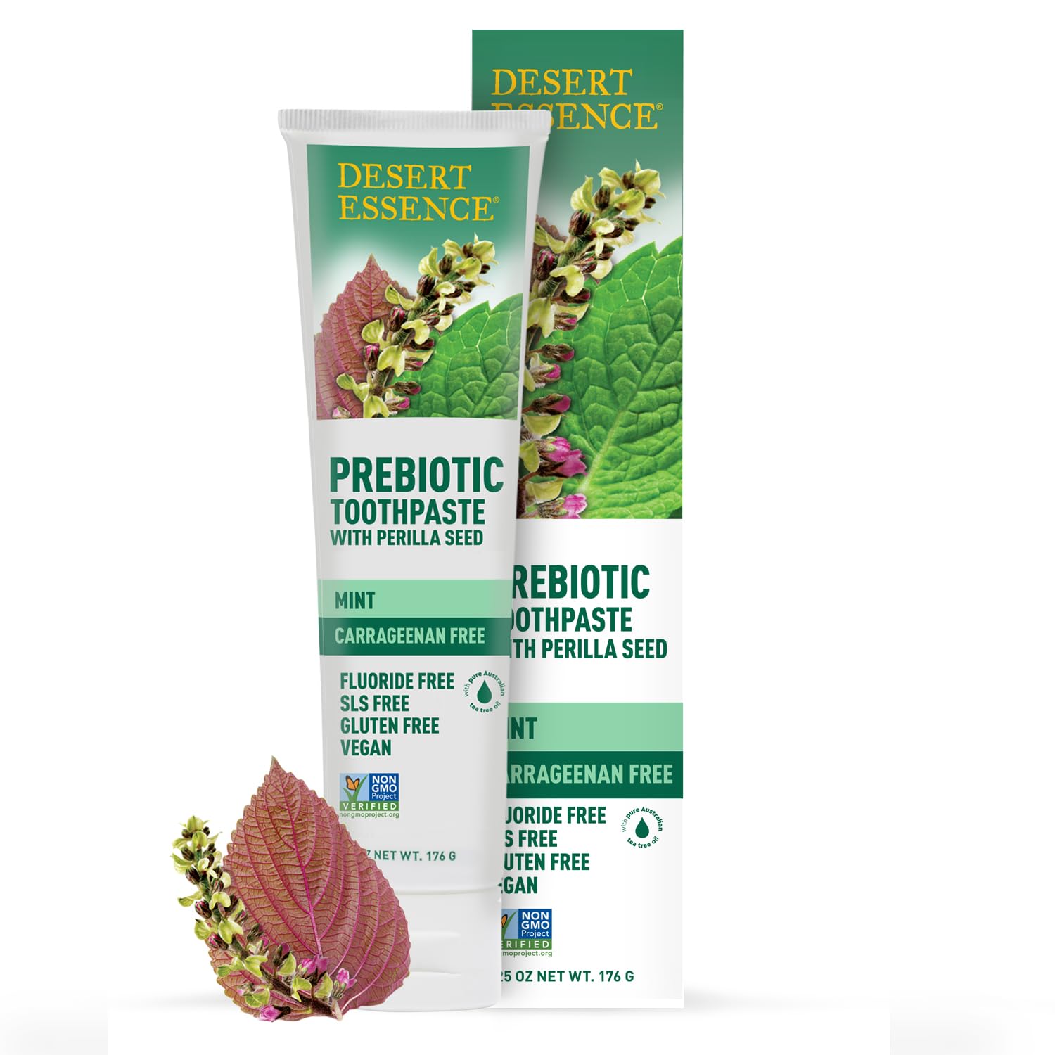 Desert Essence dentifrice prébiotique menthe — tube, pratique et efficace pour l'hygiène quotidienne.