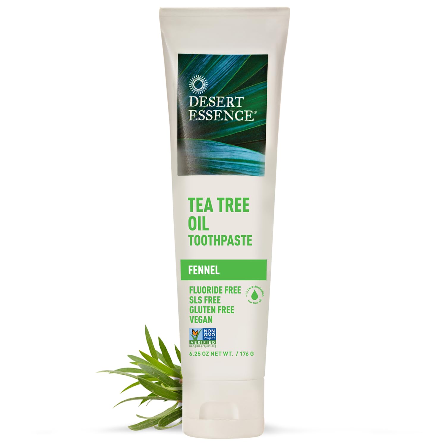 Dentifrice Desert Essence, flacon huile d’arbre à thé et fenouil, haleine fraîche.