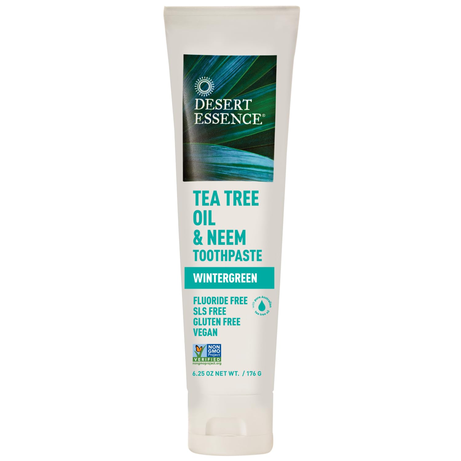 Dentifrice Desert Essence en tube, formule végan sans fluor pour une brosse pratique.