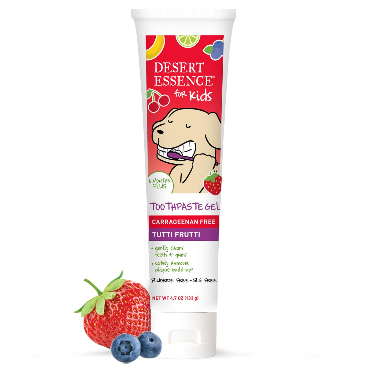 Dentifrice gel Desert Essence Tutti Frutti en flacon pratique pour les brossages jeunes.