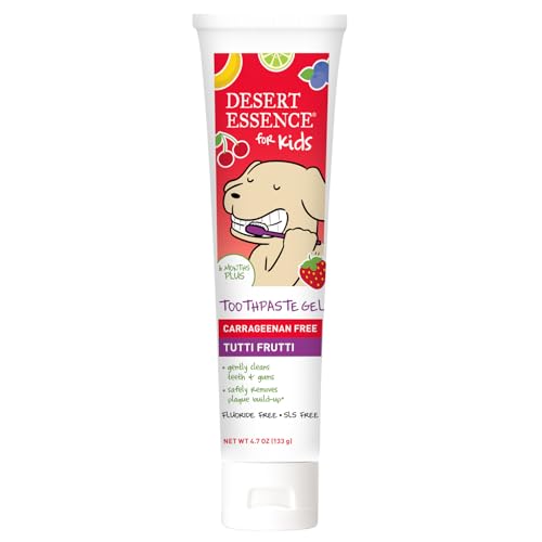 Tube de dentifrice Desert Essence Tutti Frutti, facile à presser pour les tout-petits.