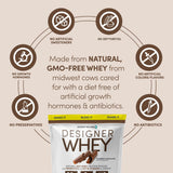 Designer Whey par Designer Wellness, étiquette nutritionnelle claire informe sur les protéines et vitamines.