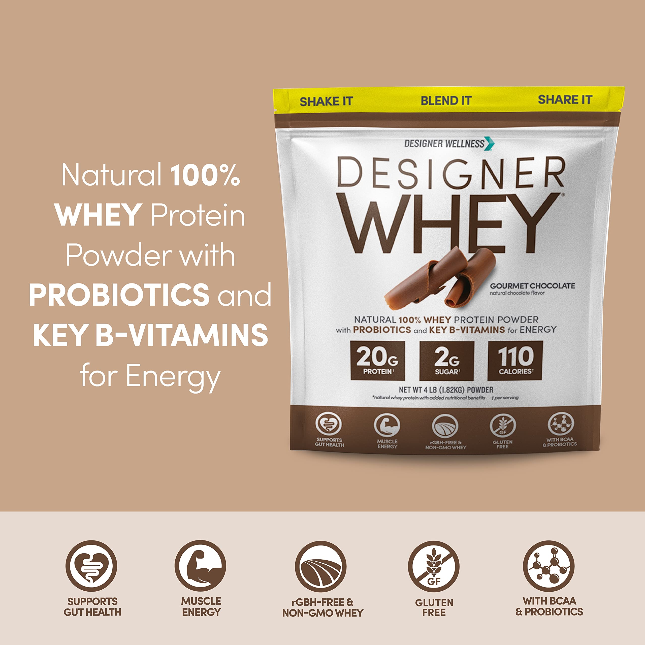 Designer Whey par Designer Wellness, probiotiques et fibres visibles soutiennent une digestion légère.