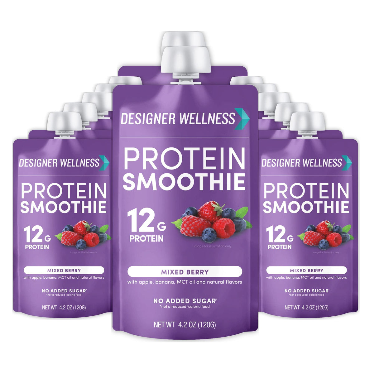 Designer Wellness Protein Smoothie – poche prête-à-boire, goût fruits rouges pratique en déplacement.