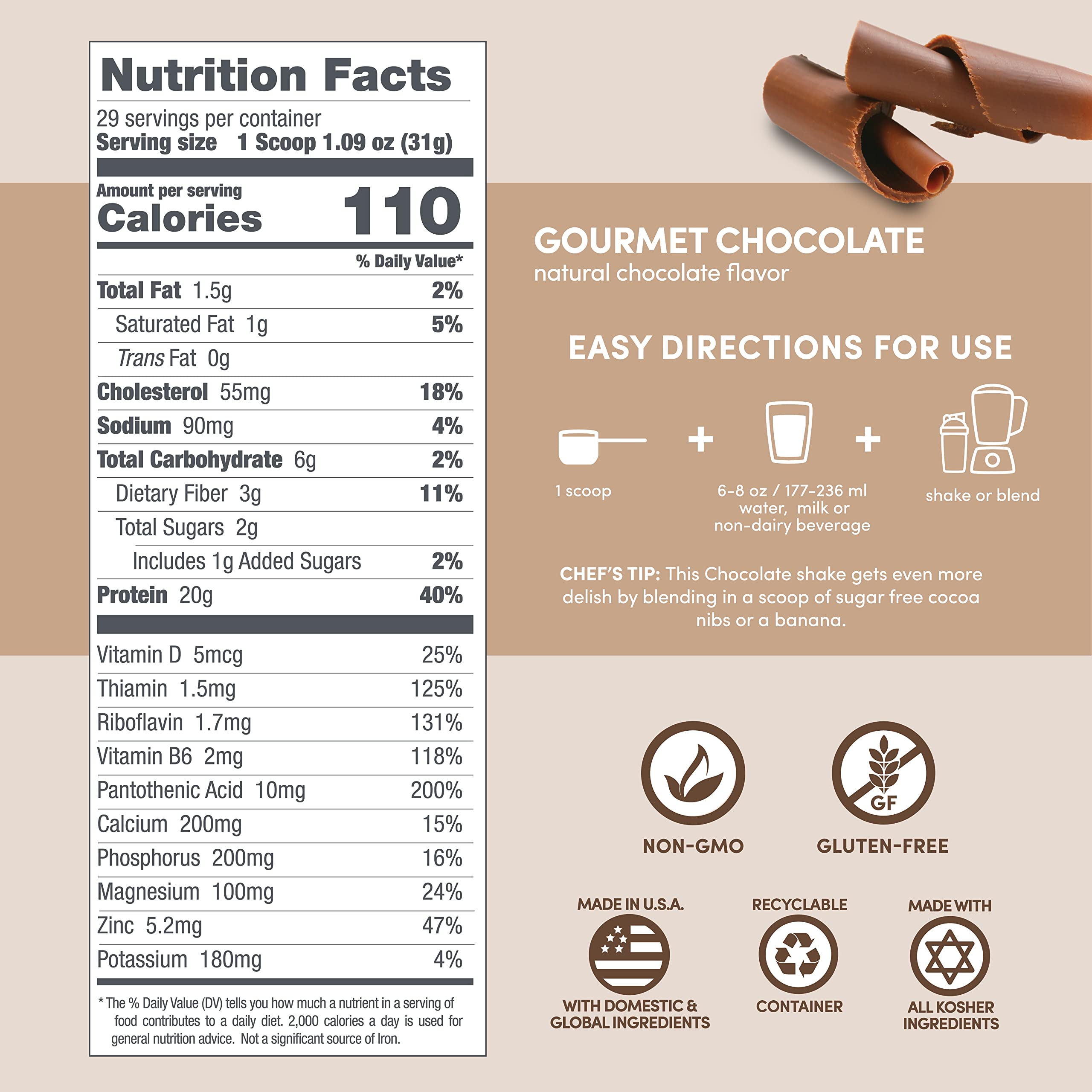 Designer Whey chocolat gourmet sans gluten et composants artificiels.