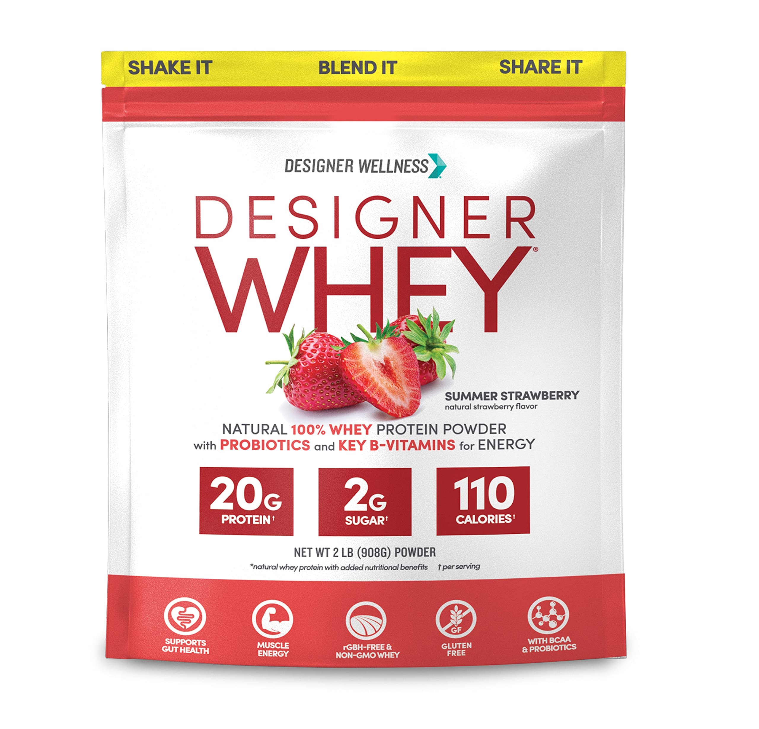 Designer Whey montre sa bouteille et étiquette claire, pratique pour une consommation quotidienne.