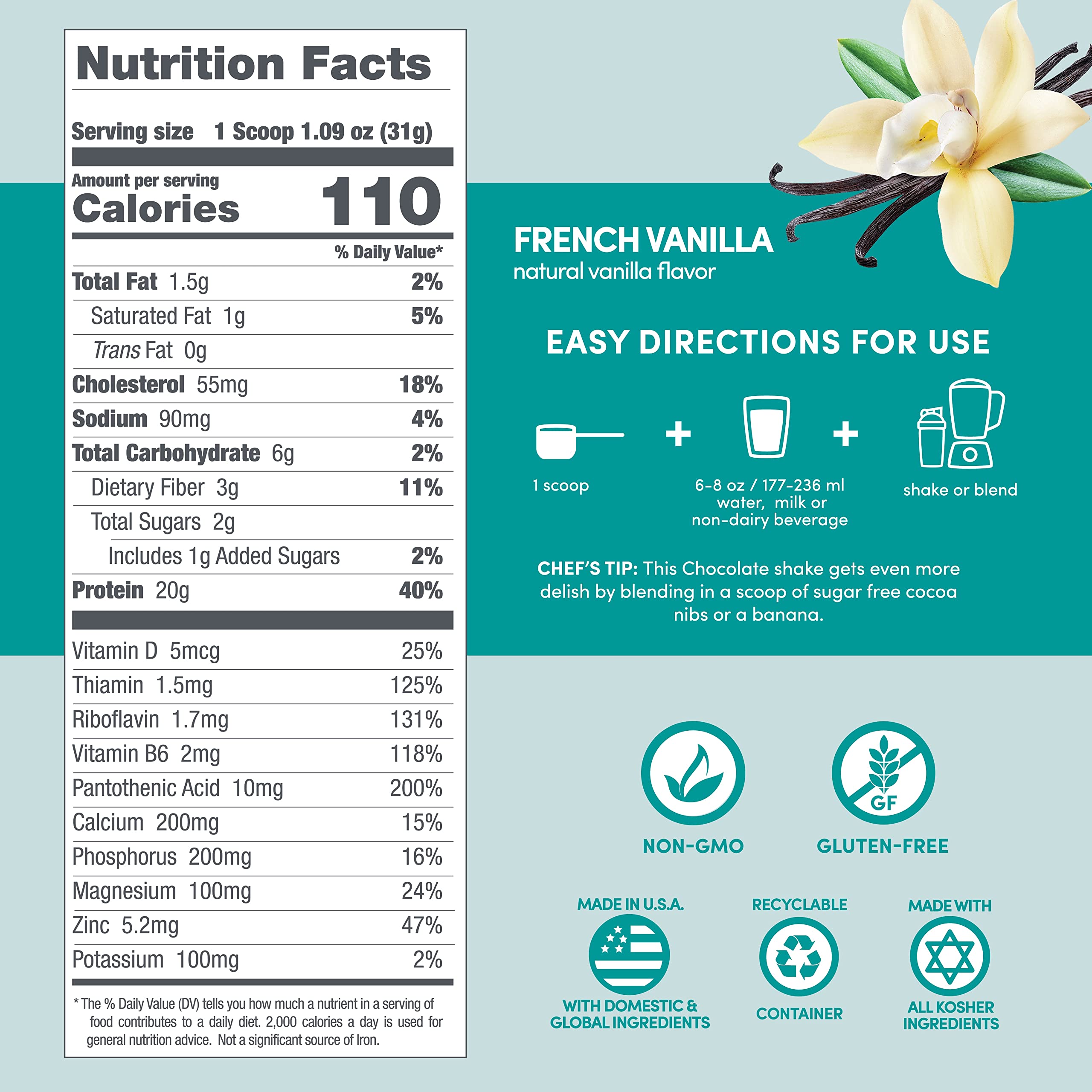 Emballage vanille crème Designer Whey 4 lb, pratique pour cuisine et shaker