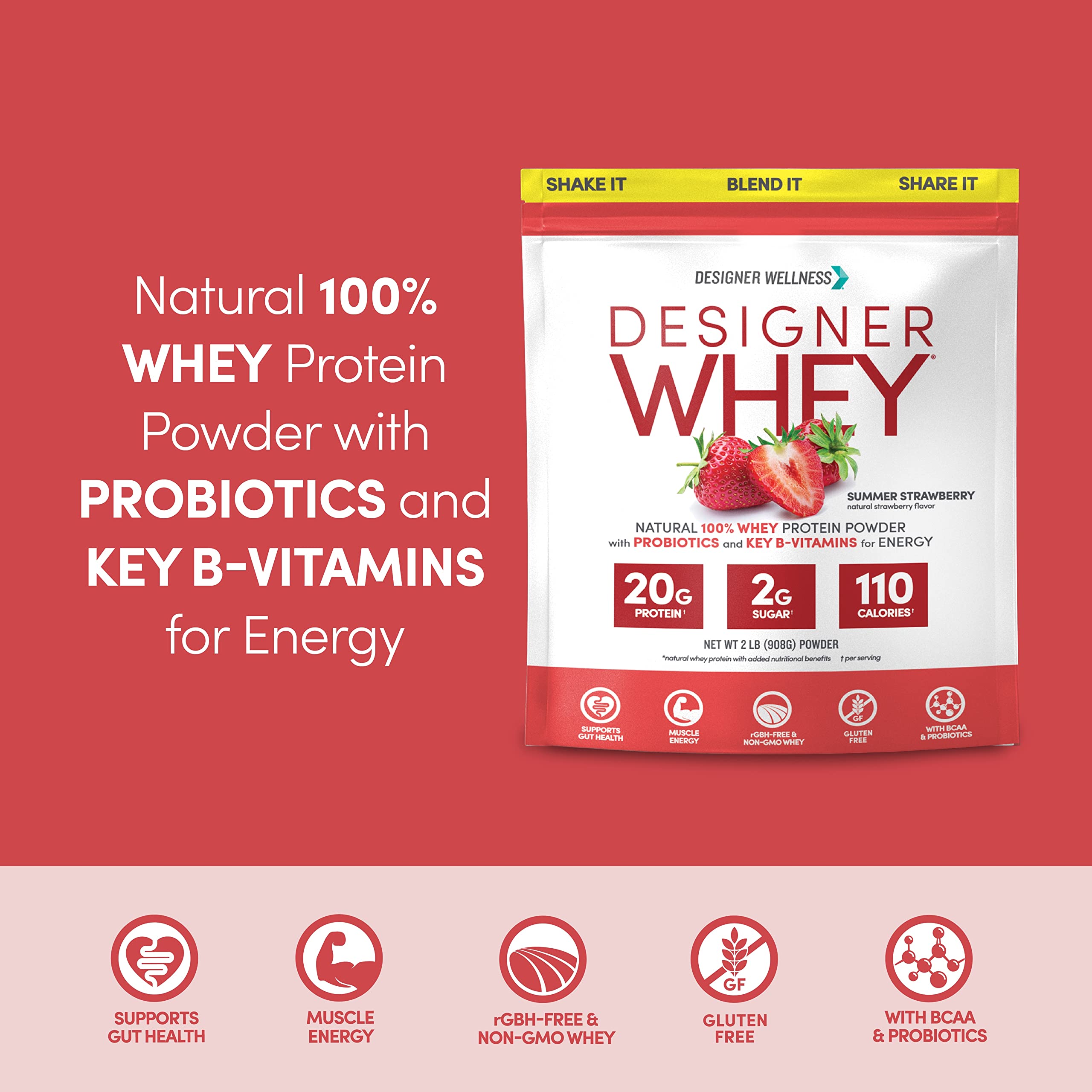Designer Whey gros plan sur liste nutritionnelle, sans arômes artificiels ni colorants.
