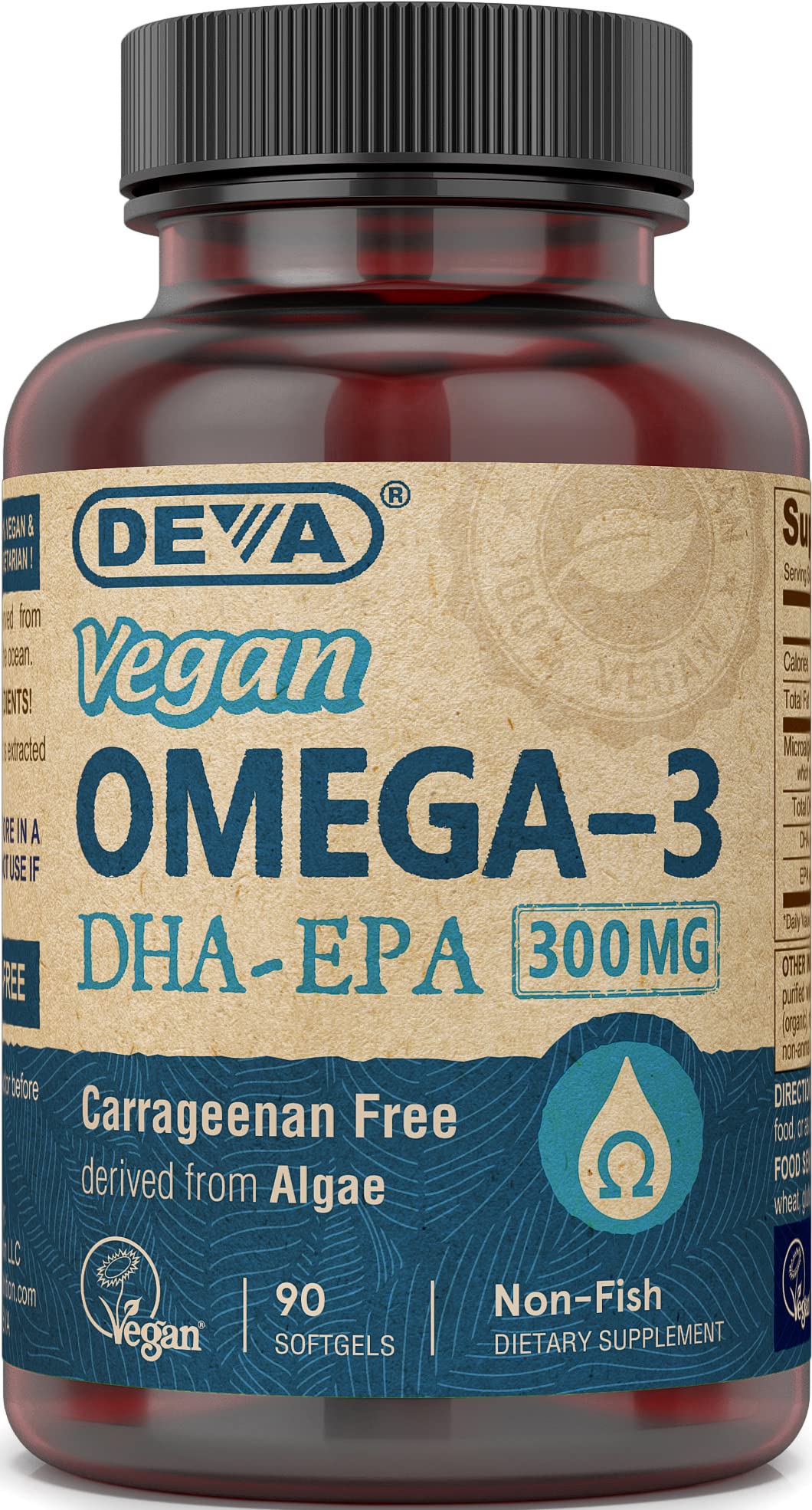 DEVA Omega-3 DHA EPA végan gélules visibles dans la bouteille pour routine quotidienne