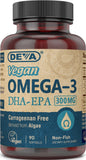 DEVA Omega-3 DHA EPA végan gélules visibles dans la bouteille pour routine quotidienne