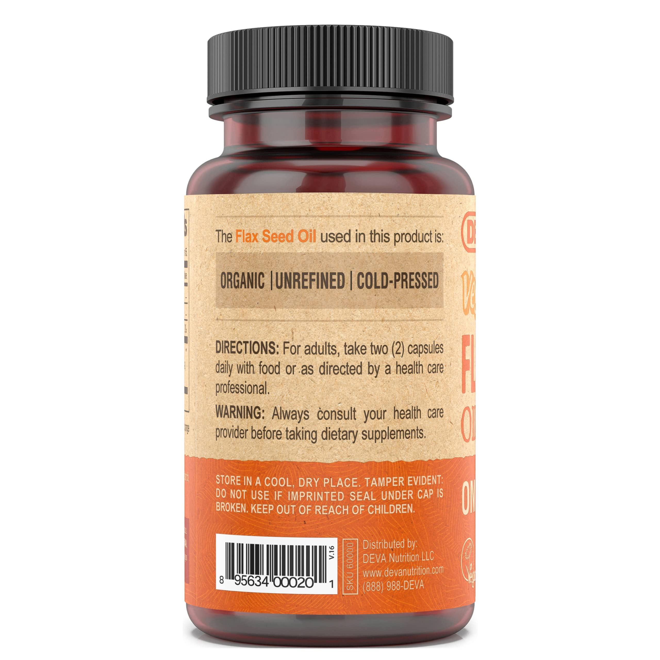 DEVA huile de lin vegan 90vcaps — emballage écologique et certification biologique.