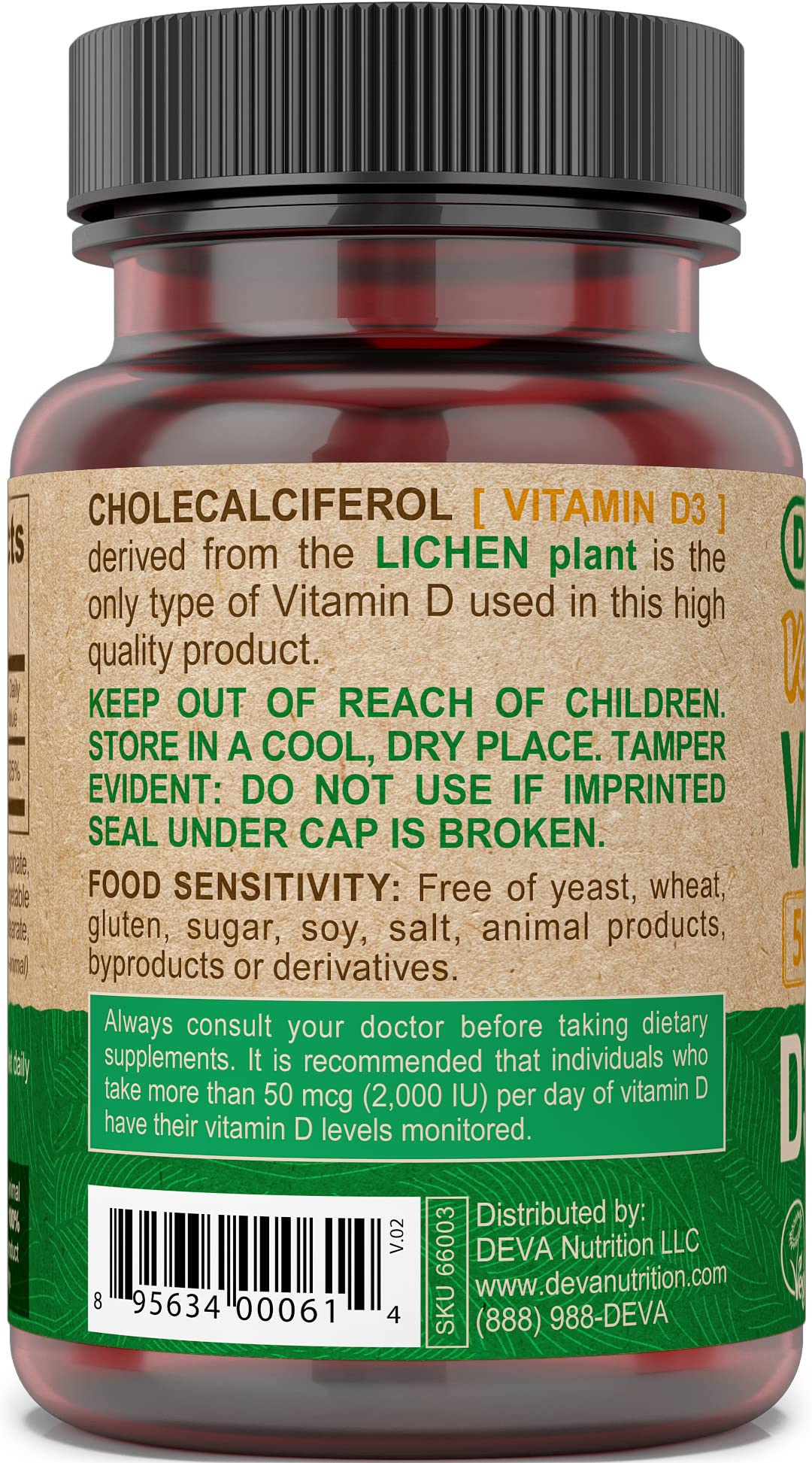 DEVA Vitamine D3 5000 UI – gélules faciles à avaler et végétales.