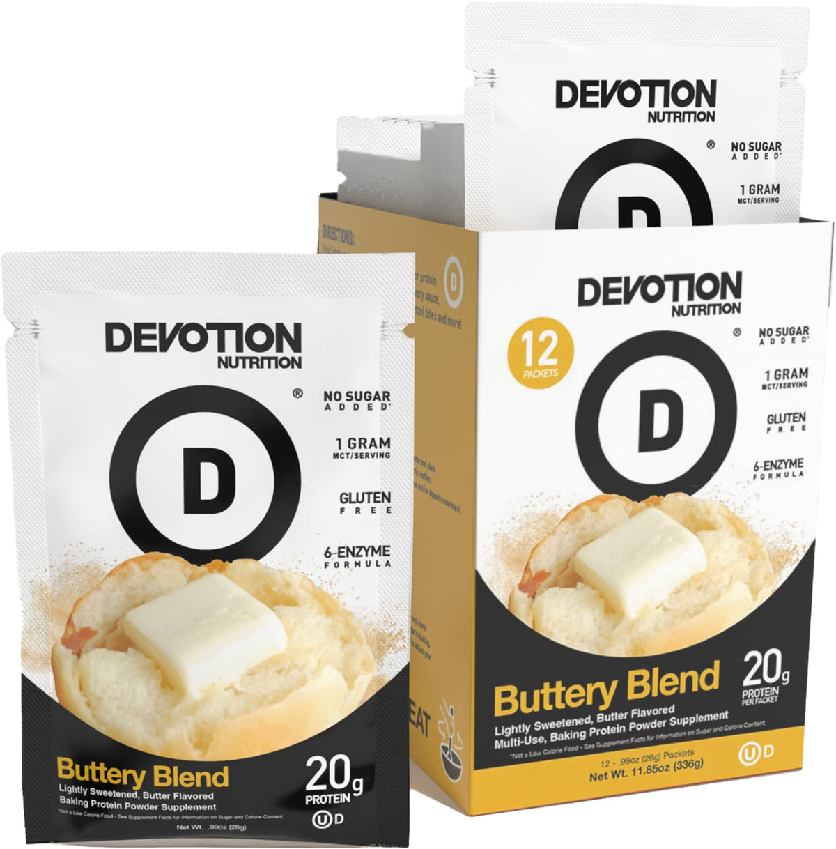 Devotion Nutrition Poudre-Protéine Beurre Mélange — emballage pratique pour entraînements nomades.