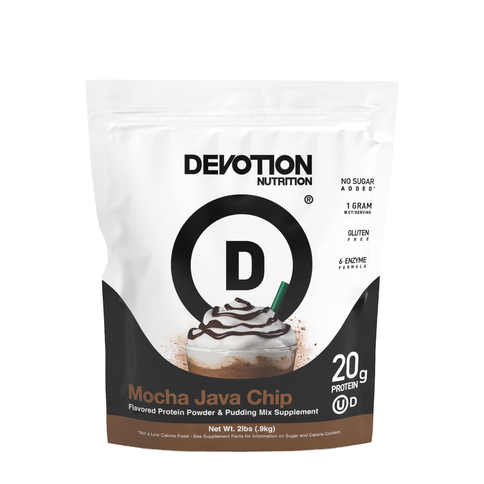 Devotion Nutrition Mocha Java Chip – bouteille de poudre, idéale après l'entraînement.