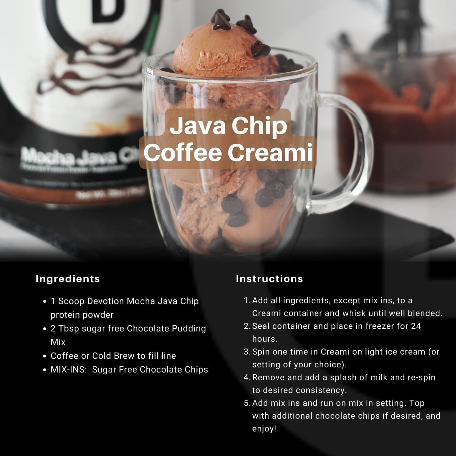 Recette rapide avec Devotion Mocha Java Chip – dessert protéiné maison.