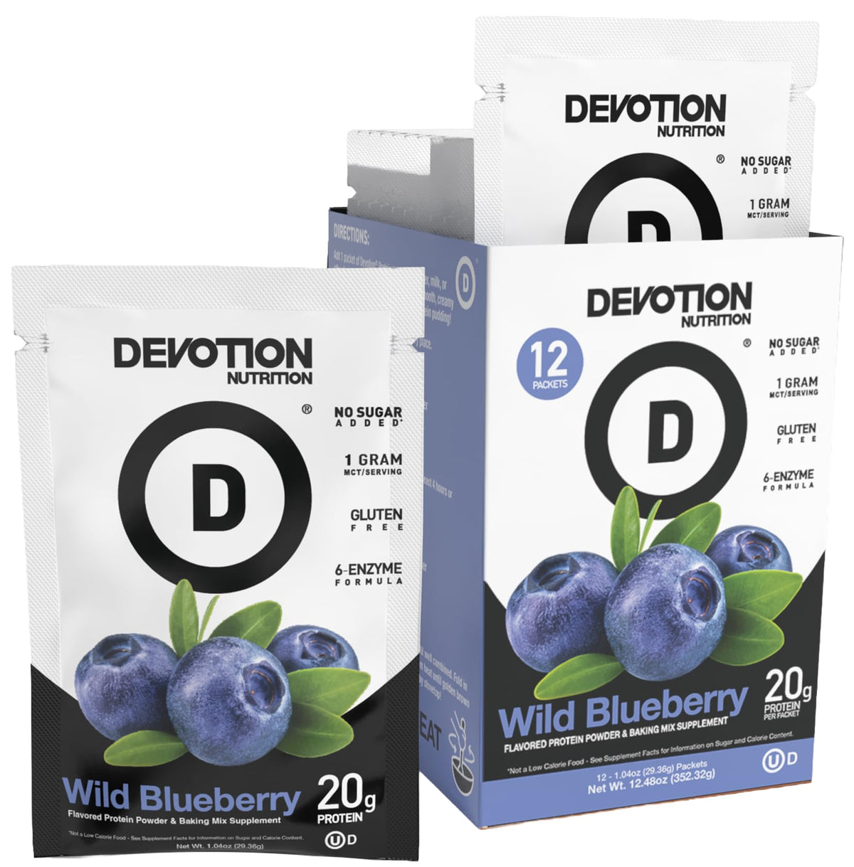 Protéine Devotion Myrtille Sauvage en sachet, pratique pour shake rapide après l'effort.