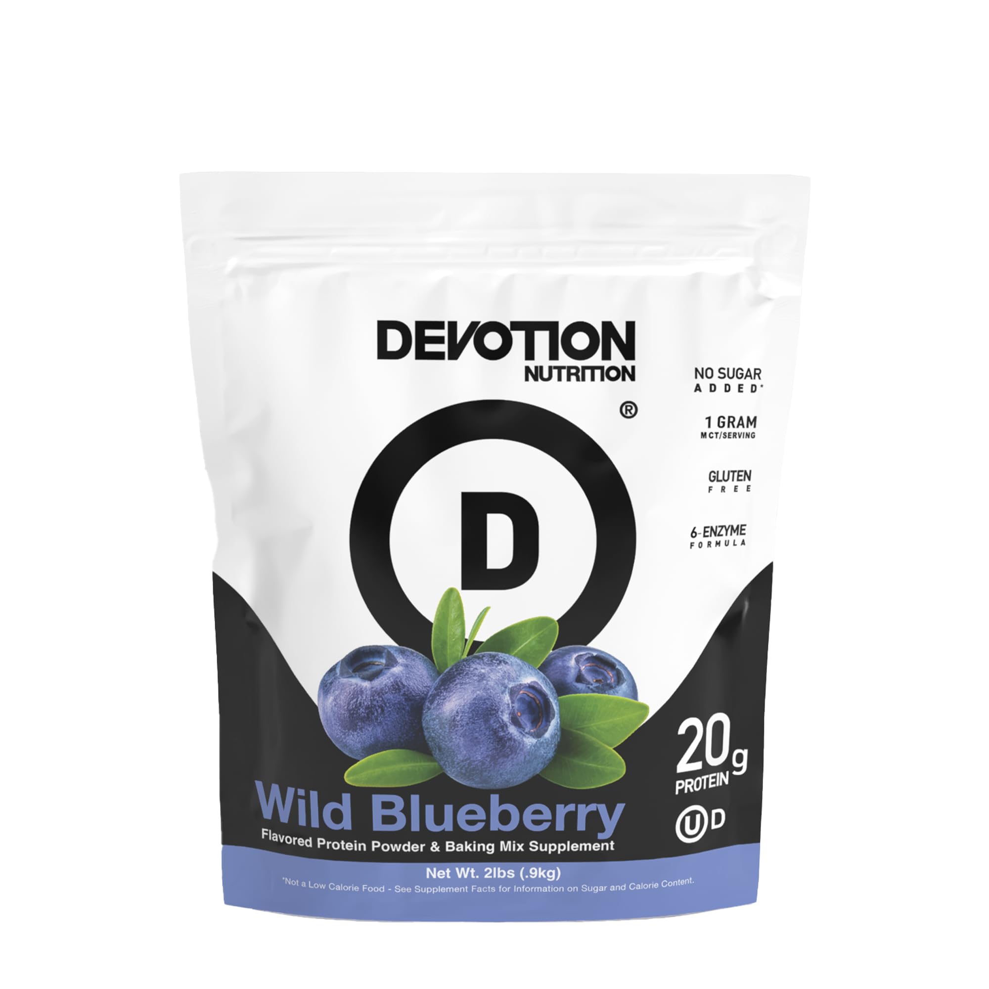 Poudre protéinée Devotion Nutrition au bleuet sauvage prête à être mélangée dans un bol.