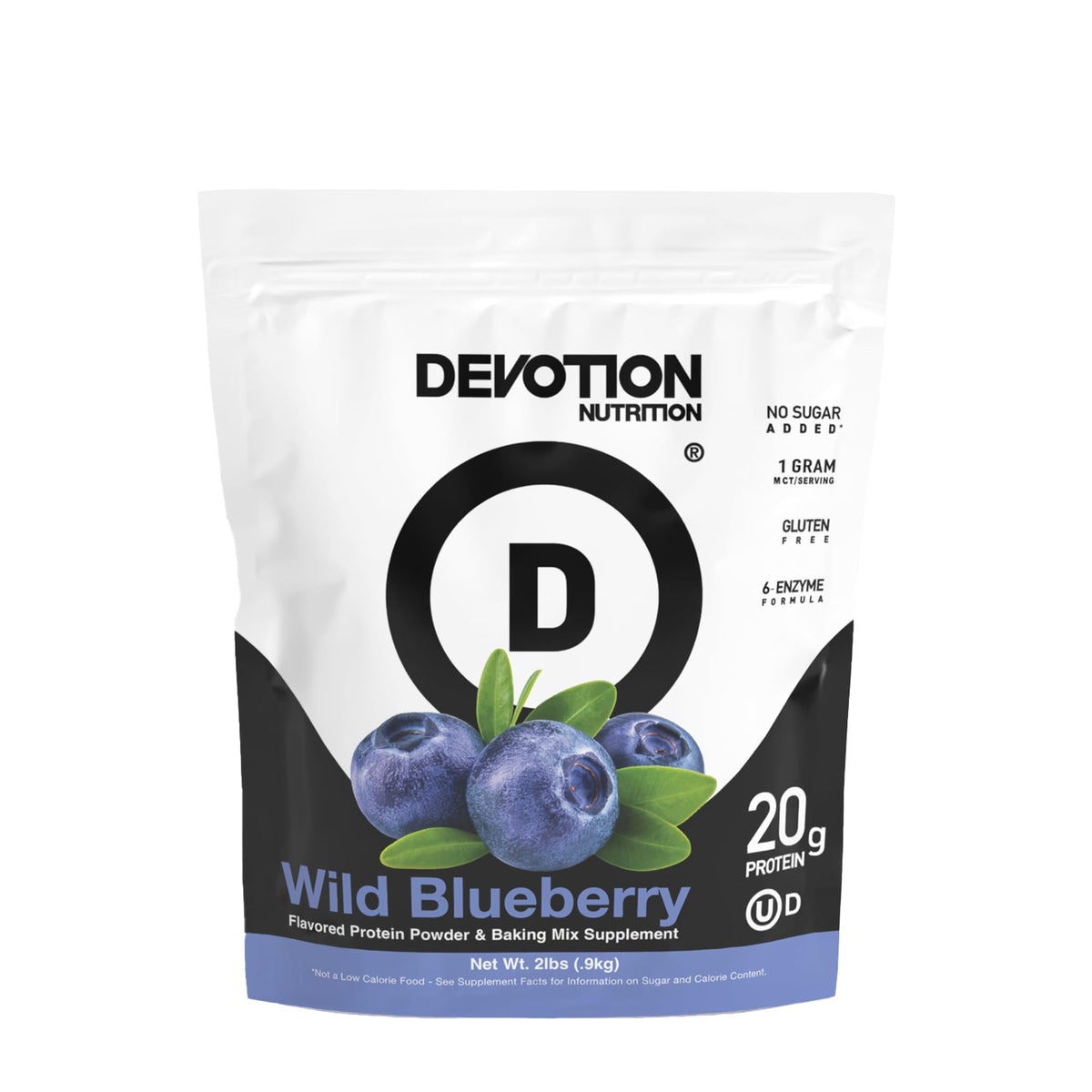 Poudre protéinée Devotion Nutrition au bleuet sauvage prête à être mélangée dans un bol.