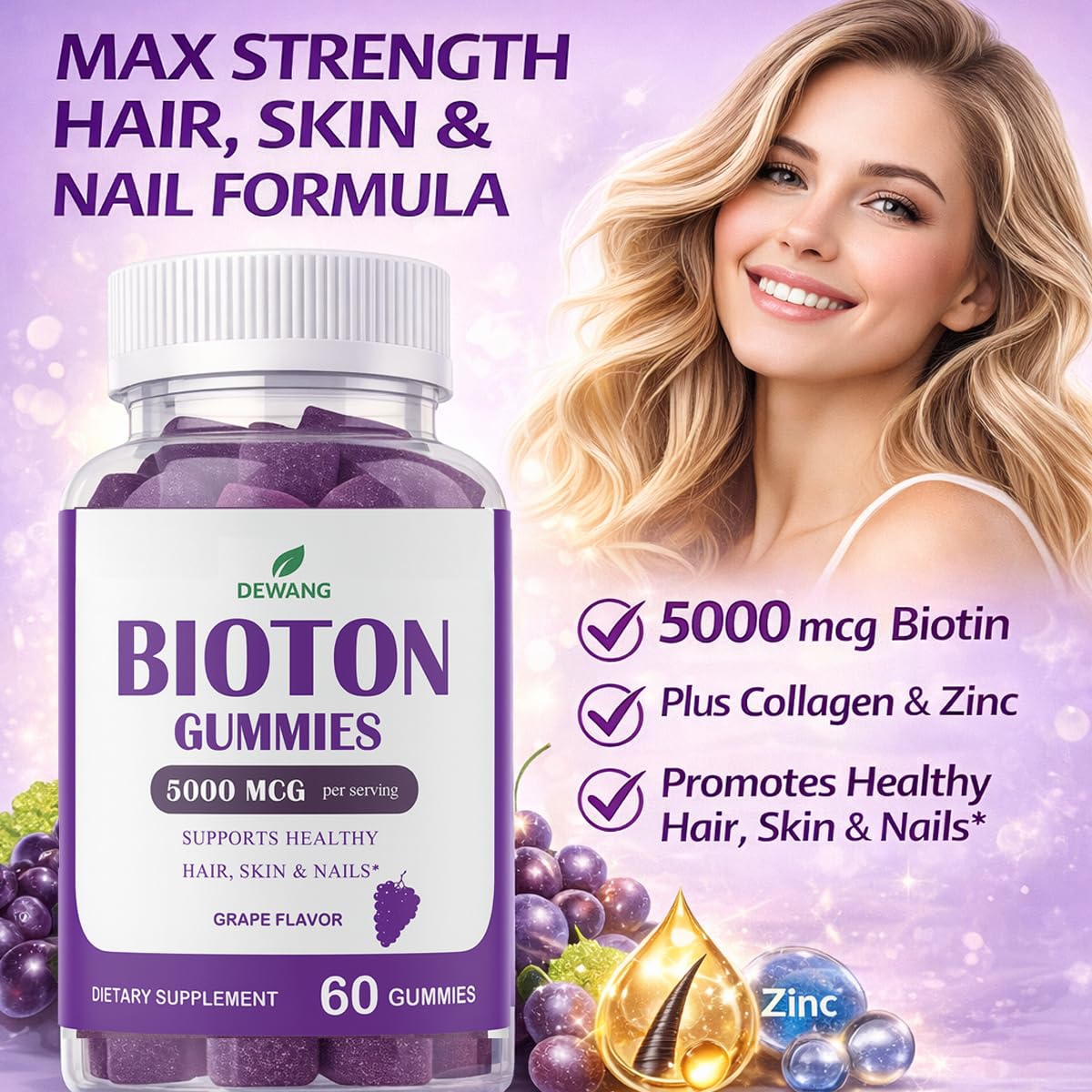 DEWANG Biotin Gummies bouteille ouverte avec gommes faciles à consommer.