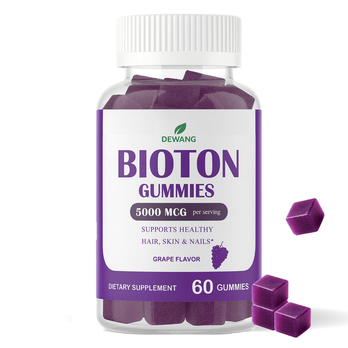 DEWANG Biotin Gummies emballage montrant une option vegan sans sucre.