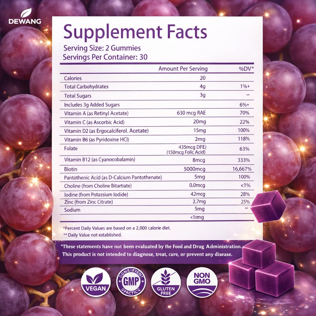 DEWANG Biotin Gummies goût raisin, plaisir quotidien sans sucre ajouté.