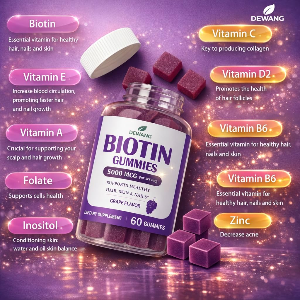 DEWANG Biotin Gummies emballage indiquant ingrédients végan et sans sucre.