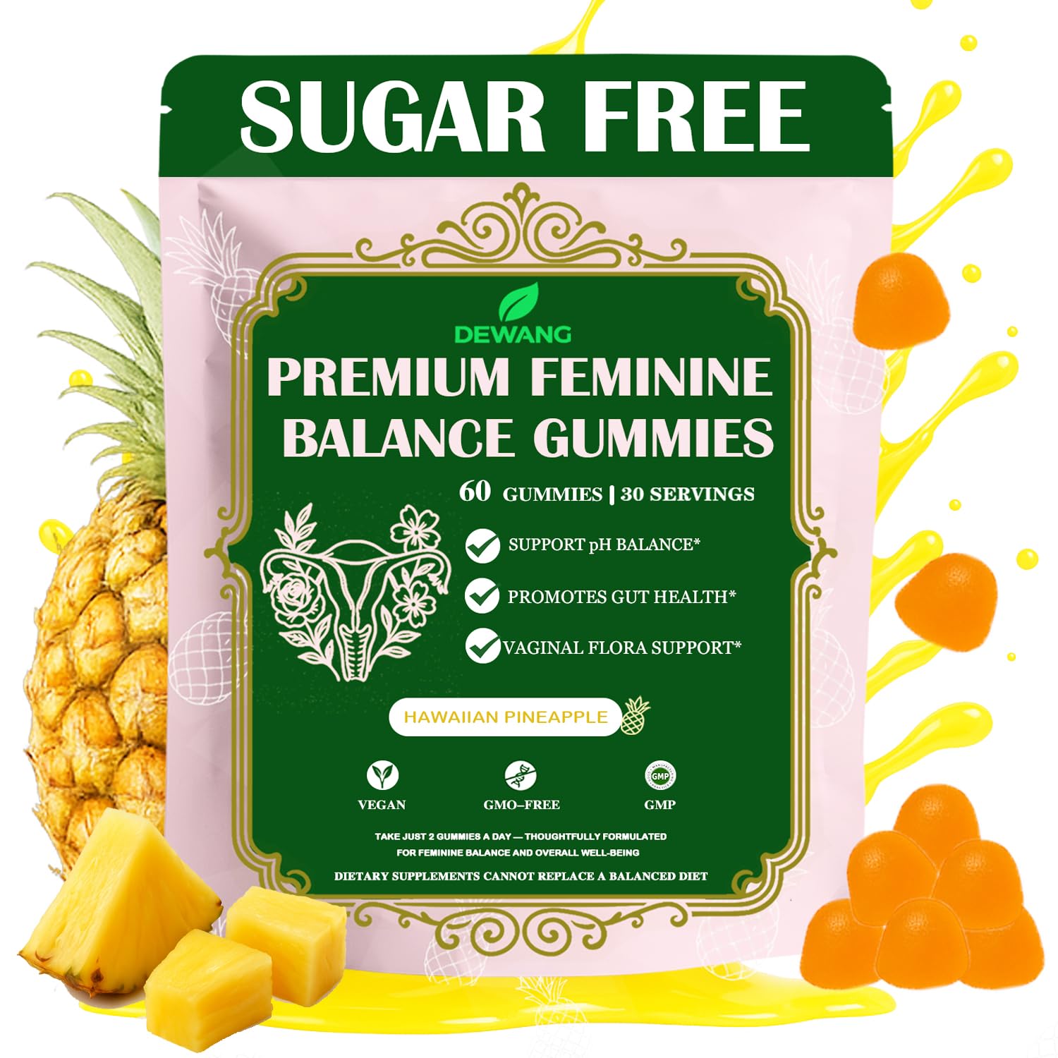 Gommes DEWANG équilibre féminin – bouteille pratique pour le quotidien.