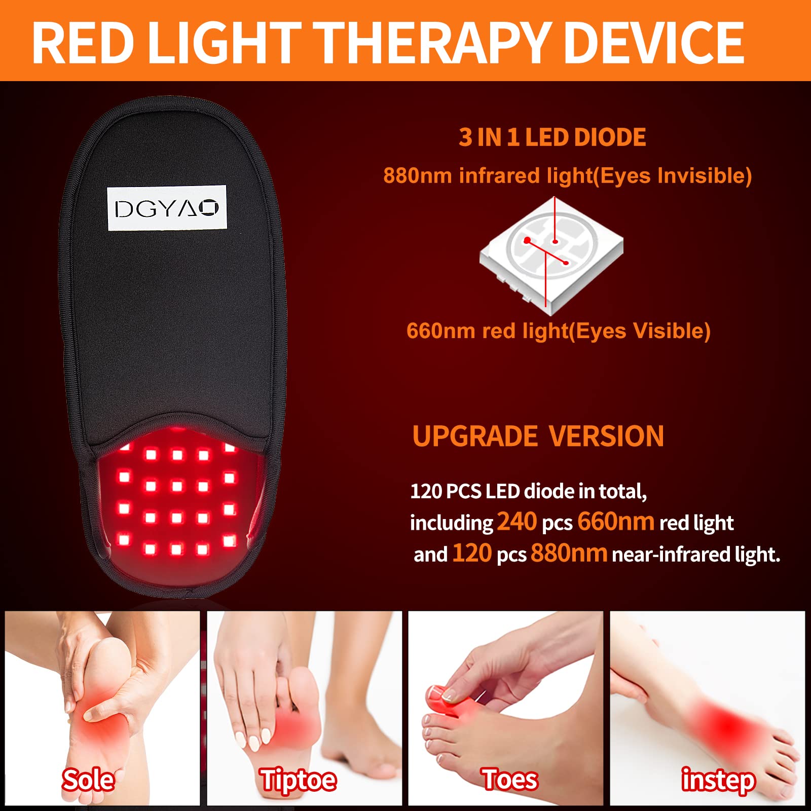 DGQY appareil pieds lumière rouge: démonstration de LED infrarouge pour relaxation ciblée.