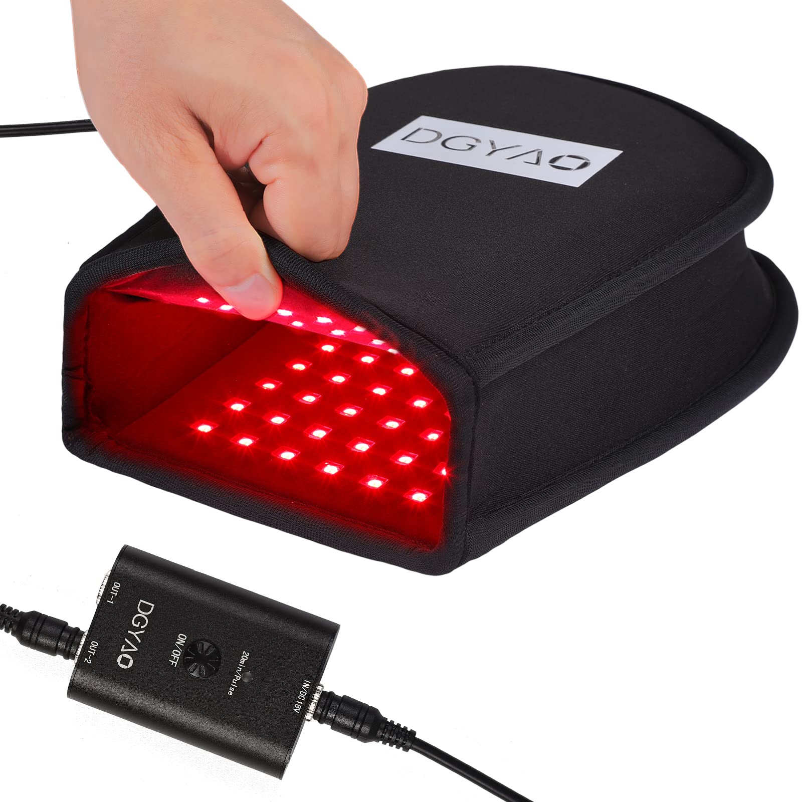 Gants DGQY montrant la lumière rouge 660nm ciblant les zones douloureuses des mains.