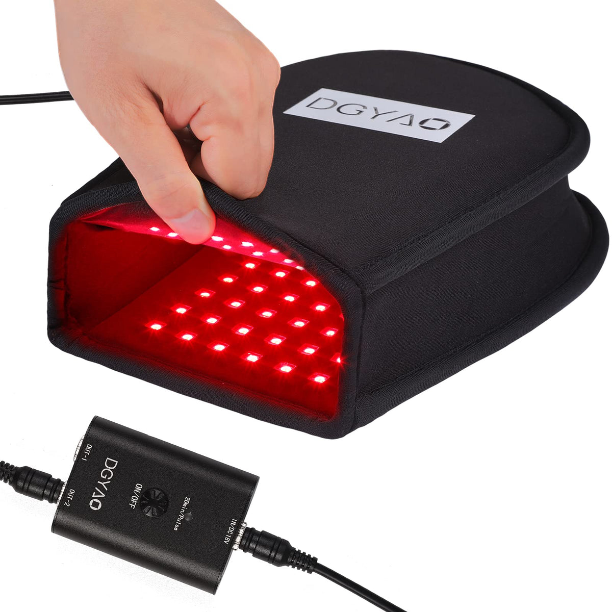 Gants DGQY montrant la lumière rouge 660nm ciblant les zones douloureuses des mains.