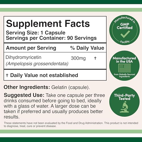 DHM Depot Dihydromyricetin - Capsules visibles, utilisation quotidienne possible.