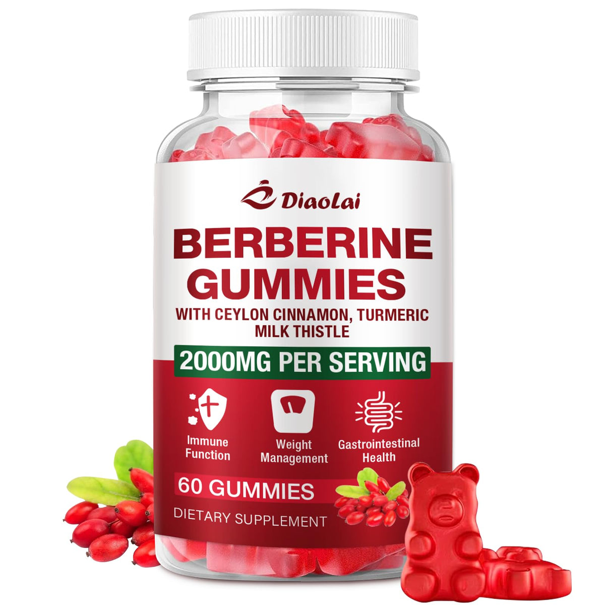 DIAOLAI gommes à berbérine, bouteille visible, usage quotidien vegan possible.