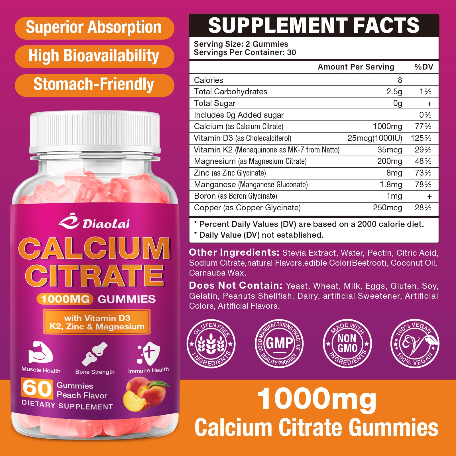 Gommes calcium citrate DIAOLAI saveur pêche, apport quotidien agréable.