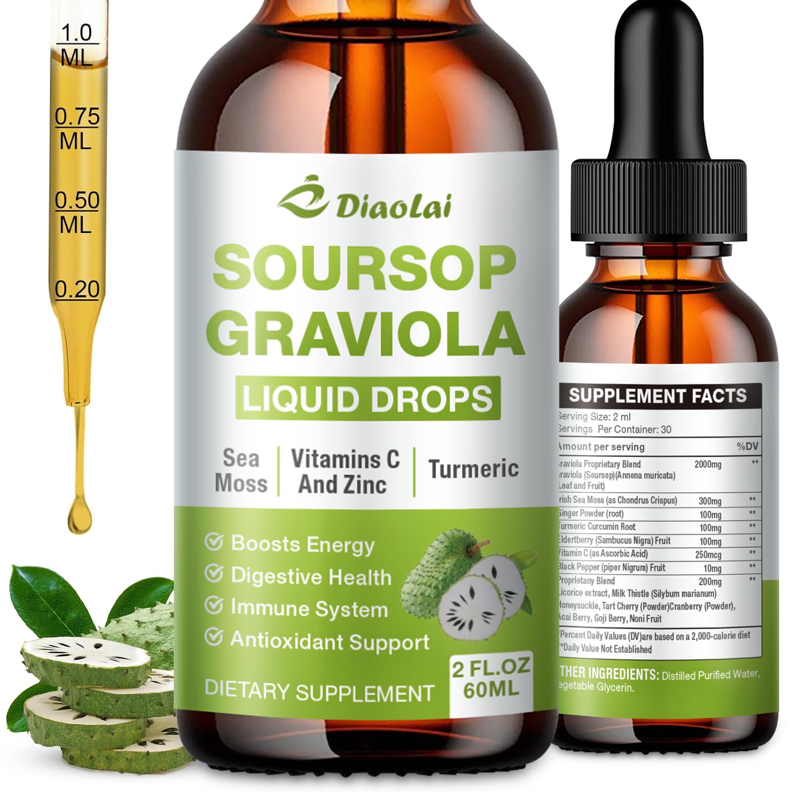 DIAOLAI Graviola: bouteille-drops, soutien immunitaire potentiel et antioxydants.