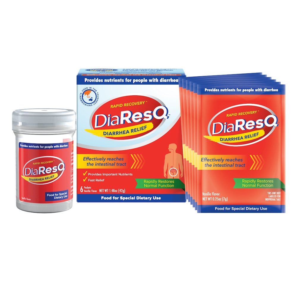 DiaResQ verre eau 30 ml prêt à préparer une boisson rapide.