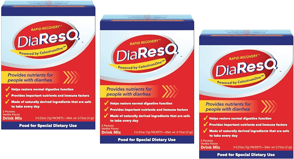 DiaResQ : emballage pratique avec sachets, idéal pour voyager.