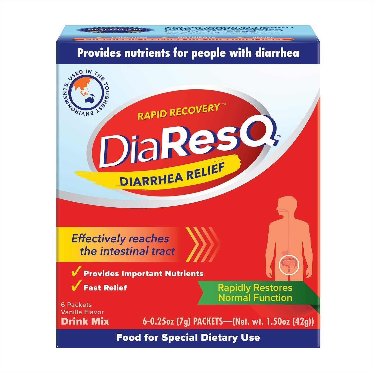 DiaResQ sachet poudre vanille prêt à mélanger pour soutenir la digestion après un épisode.