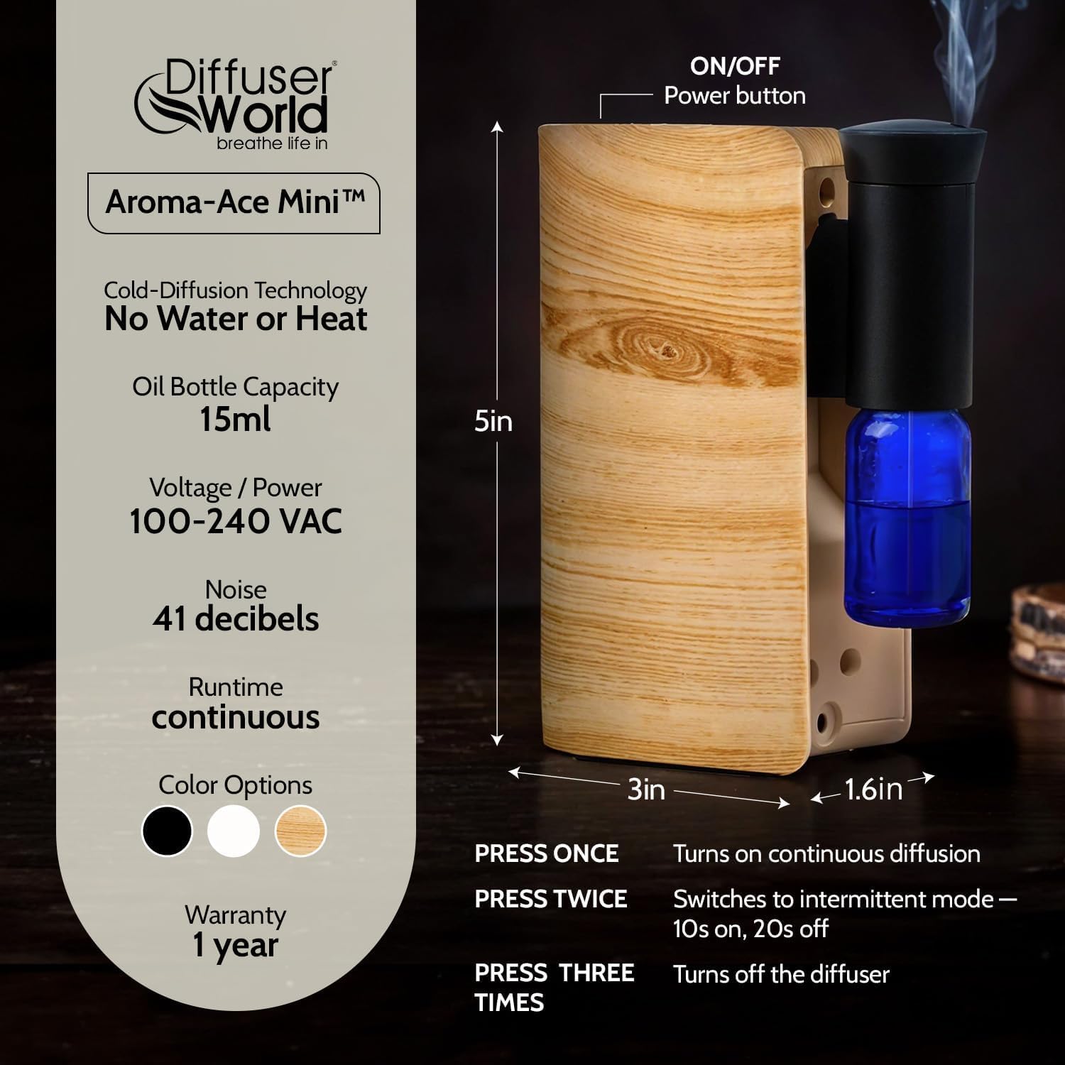 Aroma-Ace Mini DIFFUSER WORLD, parfait sur bureau pour diffuser discrètement.