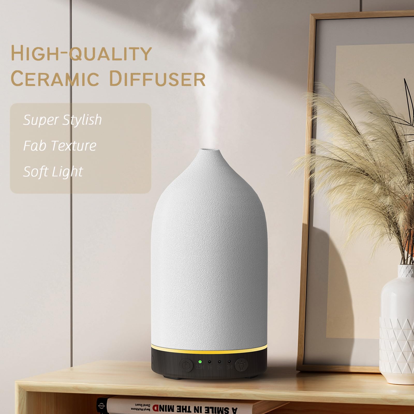 Diffuserlove diffuseur céramique, base bois grain, salon calme et atmosphère cosy.