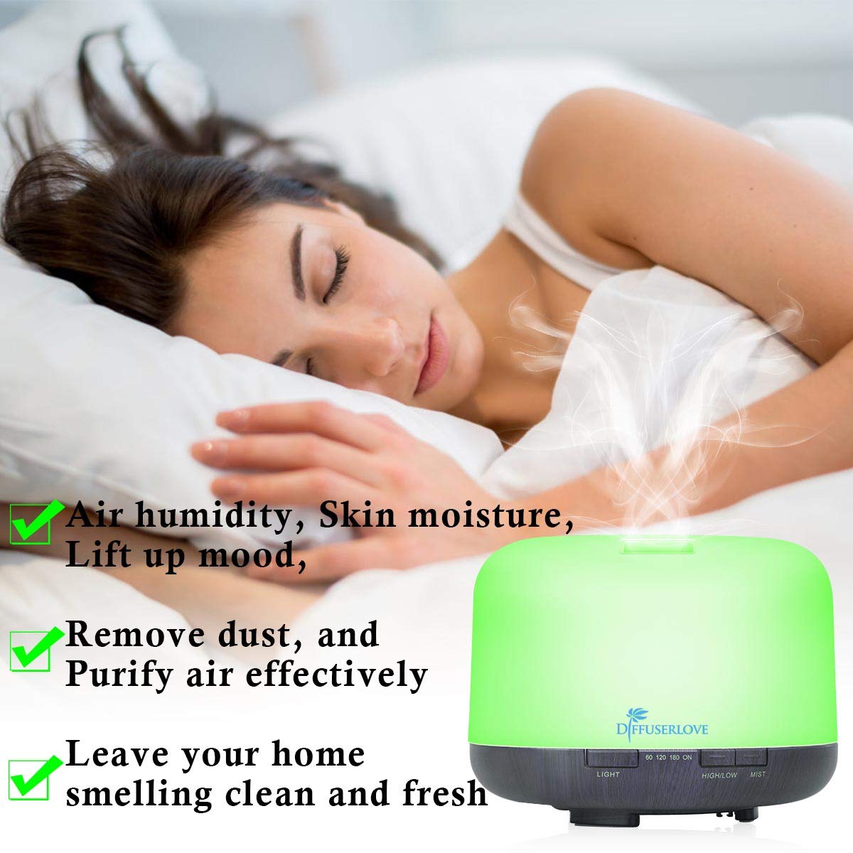 Diffuserlove mode silencieux: fonctionnement très calme pour sommeil et travail.