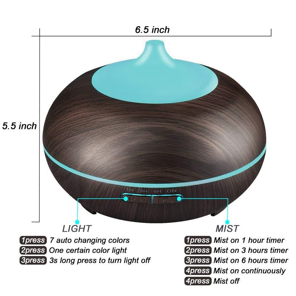 Diffuseur aromathérapie ultrasonique 550ml avec LED 7 couleurs pour personnaliser l'espace.