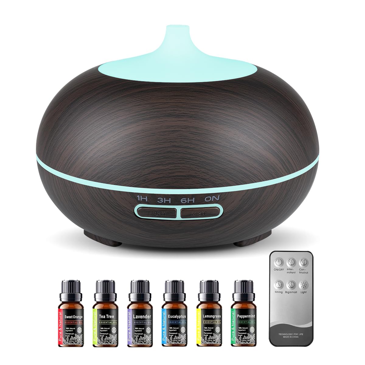 Diffuseur huiles essentielles 550ml avec ensemble de 6 huiles pour une ambiance durable.