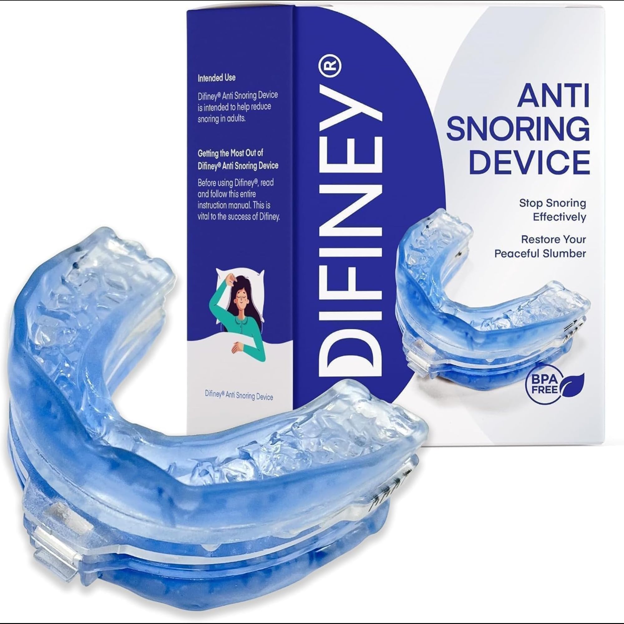 Difiney dispositif anti-ronflement vue-frontale: passage d’air potentiel et aperçu du produit