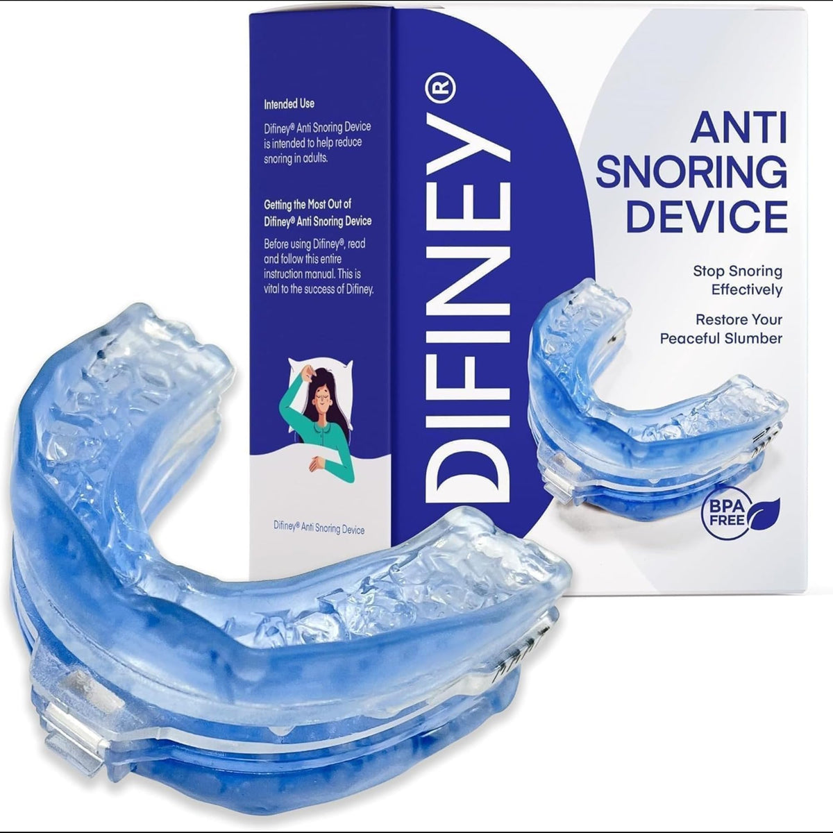 Difiney dispositif anti-ronflement vue-frontale: passage d’air potentiel et aperçu du produit
