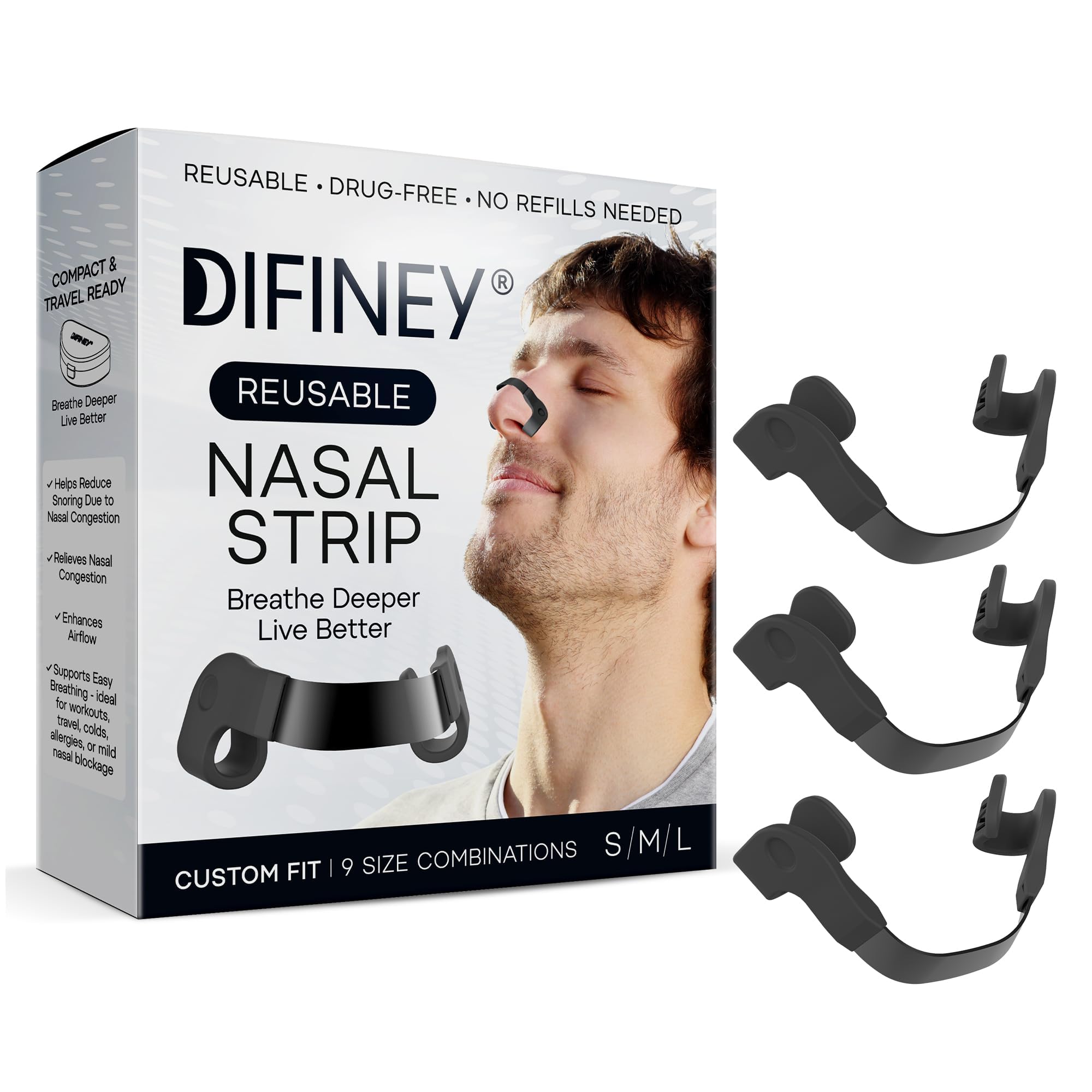 Difiney ouverture nasale interne avec pont en acier pliable, ajustement personnalisé et respiration fluide.