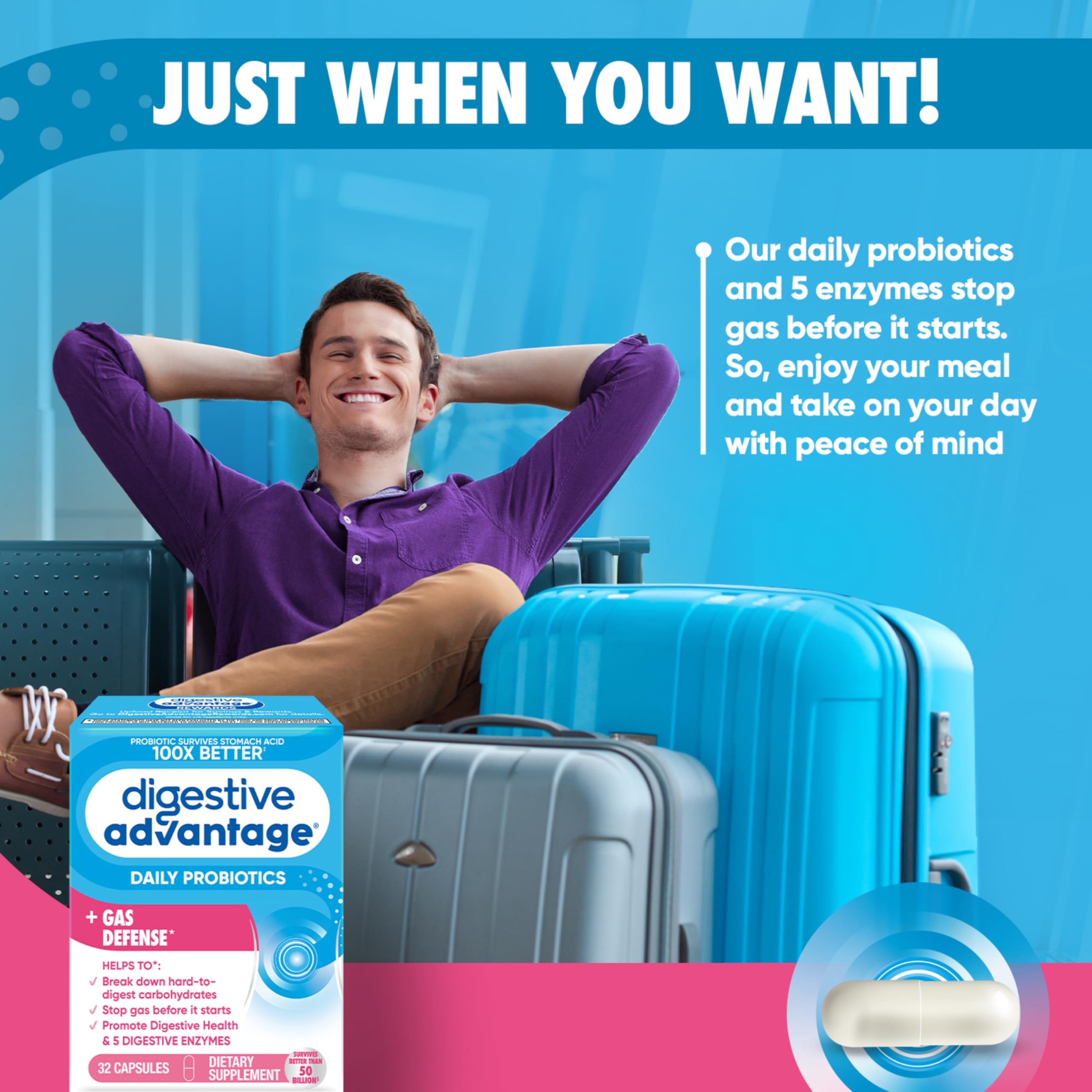 Digestive Advantage – emballage clair montrant les informations produit et l’utilisation.
